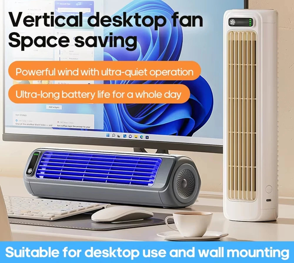 Portable Air Conditioner Fan 2000mAh Quiet Desktop Tower Fan Wall Non-drilling Circulating Fan 3 Speeds Adjustable