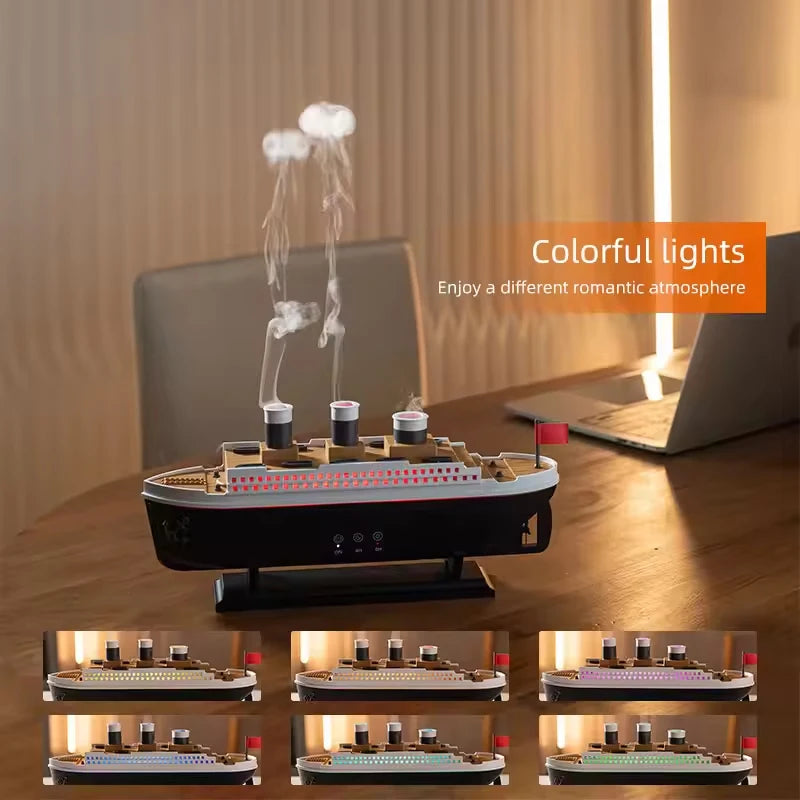 Titanic ship model humidifier (250ml), also an essential oil diffuser with jellyfish smoke ring spray for home aroma.
